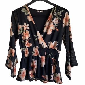EMBER Floral V-Neck Rib-Knit Peplum Top